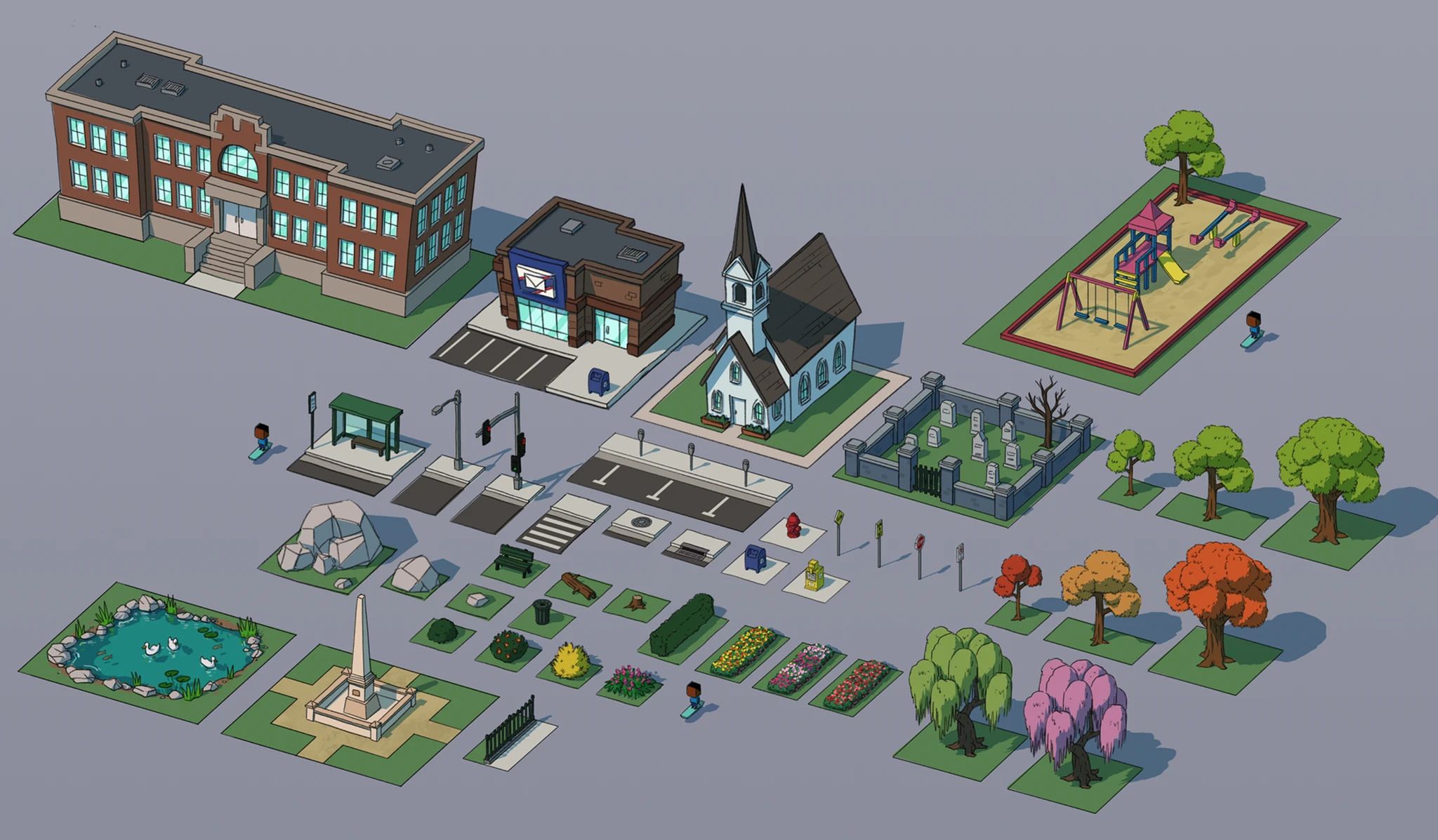 An isometric set of low-poly 3D buildings, a church, a playground, trees and park pieces on a grey background.
