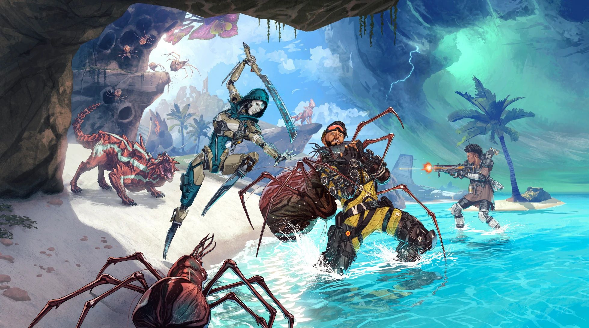 Apex Legends key art: Legends fight giant spiders and a creature on a tropical beach, with turquoise surf, a rocky cave mouth and a storm over palm trees.