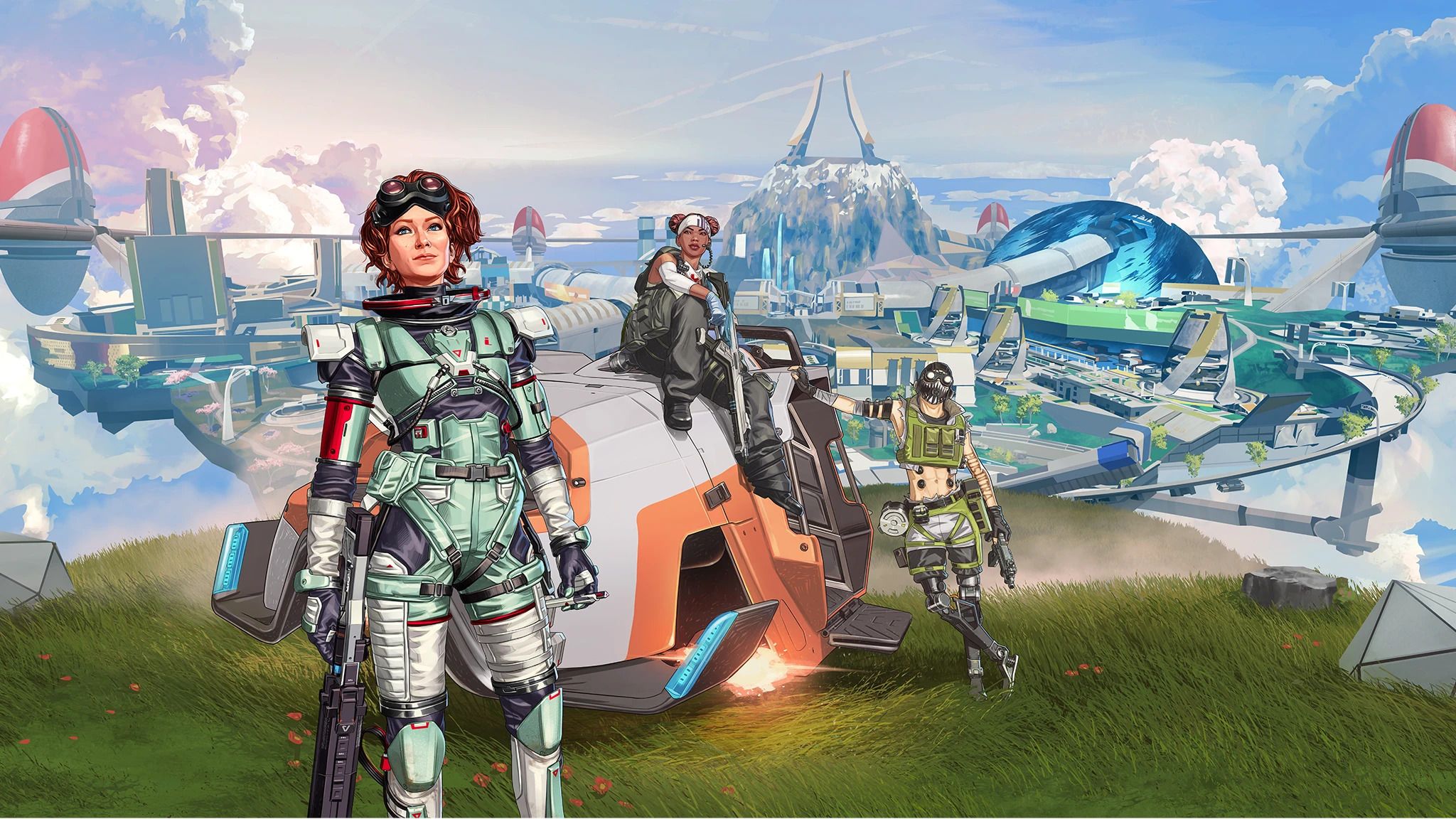Apex Legends key art: three Legends stand on a grassy ridge beside a landed dropship, with a futuristic floating city and domed structures under a bright sky behind them.