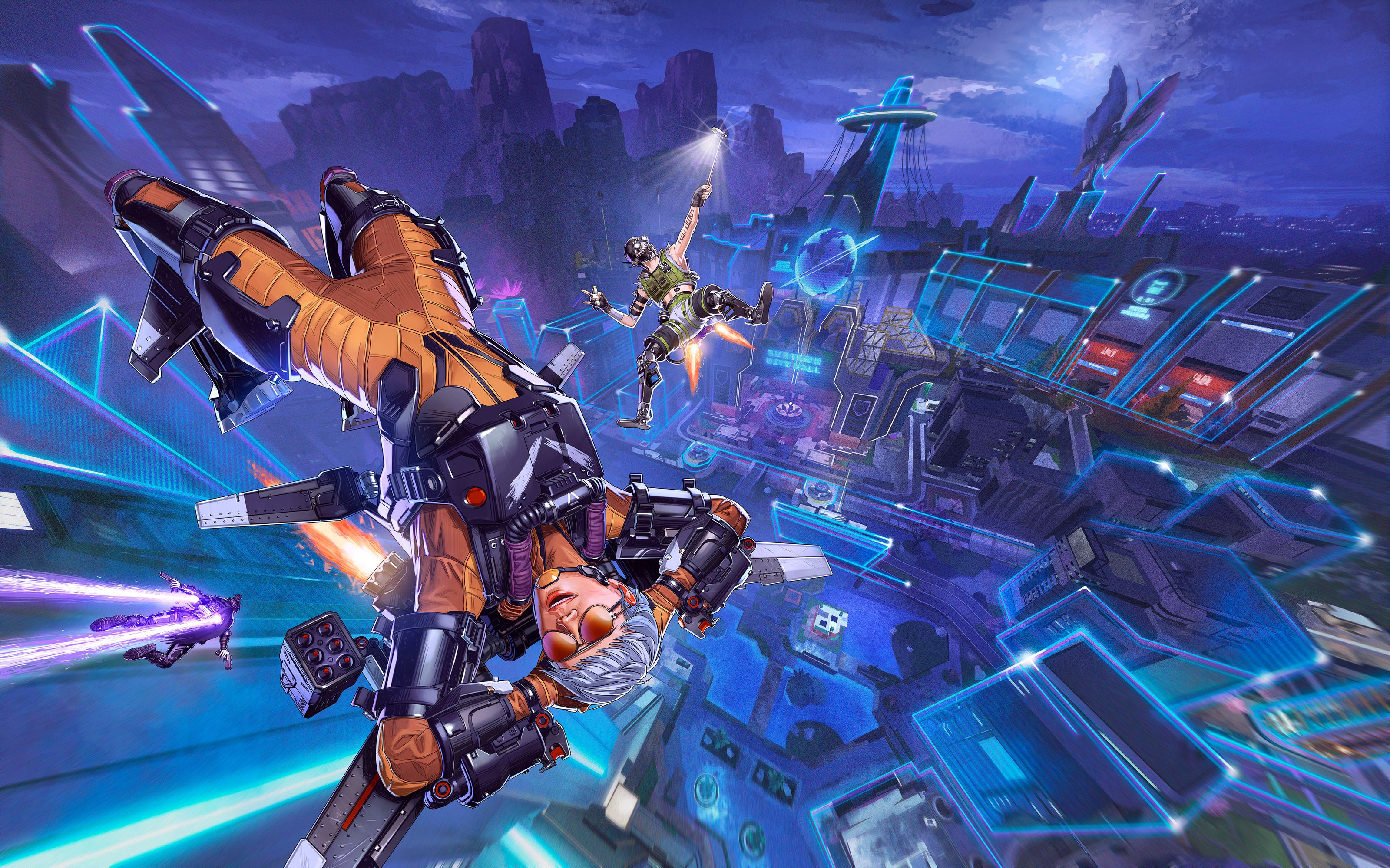 Apex Legends key art: a Legend with a jetpack dives head-first toward a neon-lit night city while other Legends fly and fire energy weapons around her.