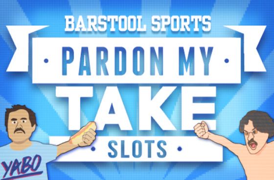 Barstool Sports Pardon My Take Slots: Slots tile with bold banner type and two cartoon hosts on blue.