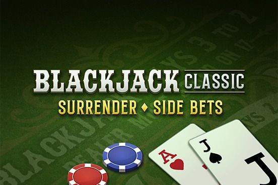 Blackjack Classic: Surrender + Side Bets: Blackjack tile with chips and cards on green felt.