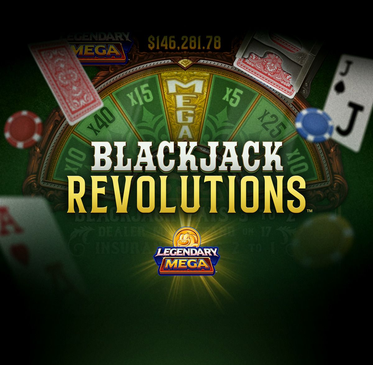 Blackjack Revolutions: Blackjack tile with a wheel, cards and gold lettering on green felt.