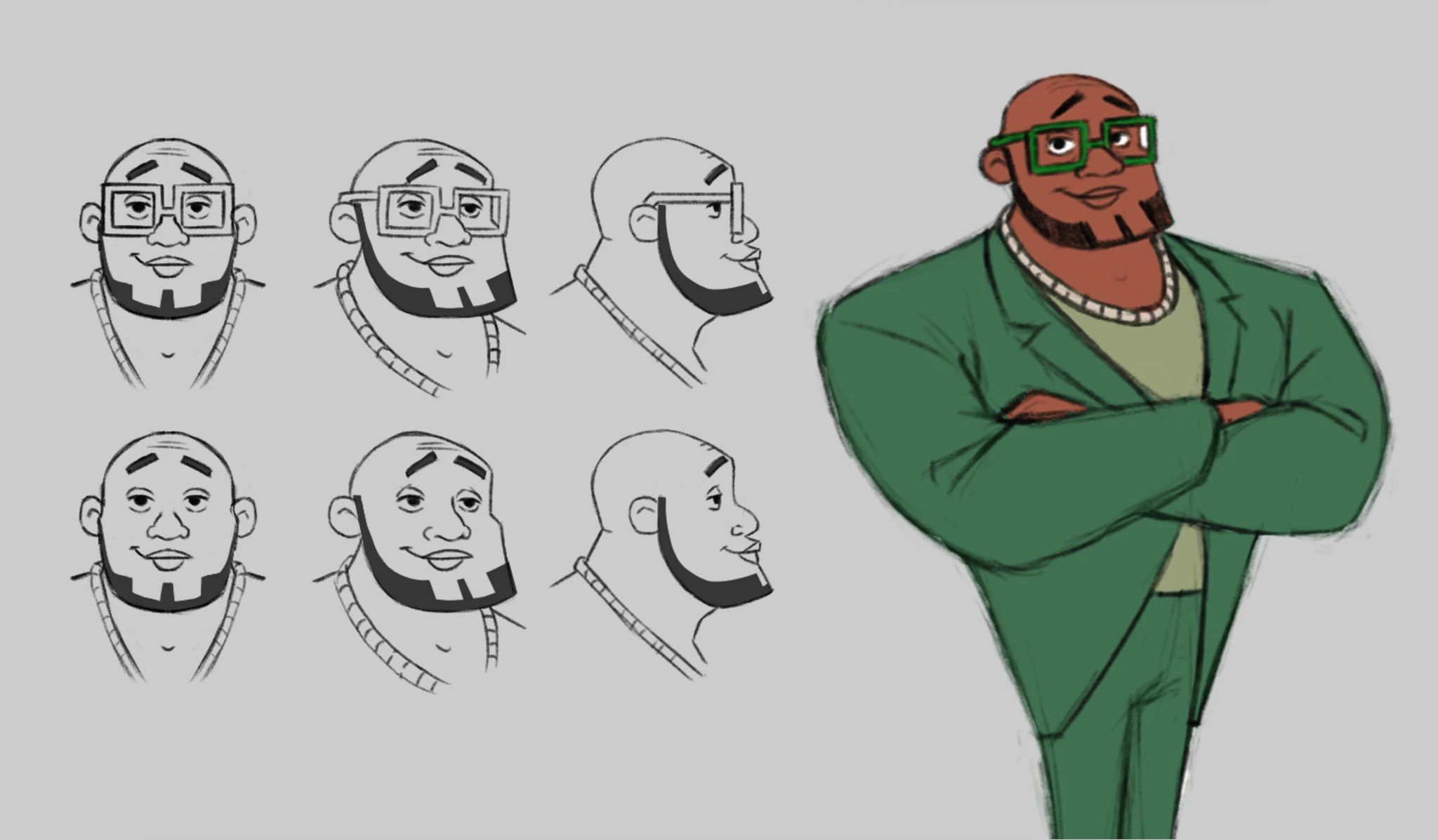 Six pencil expression studies of a bald, bearded man in glasses beside a coloured version of him in a green suit with arms crossed.