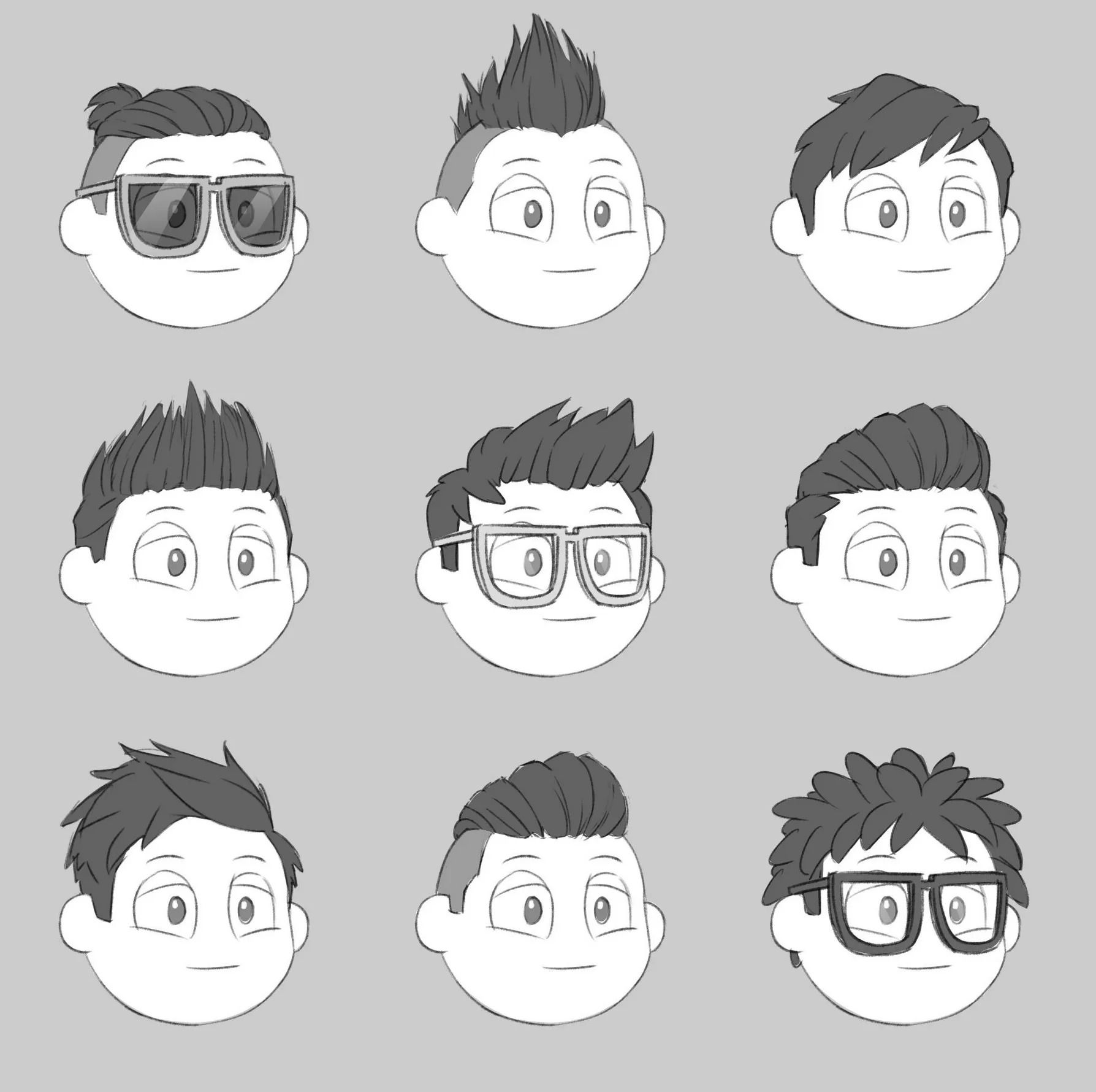 A grid of nine greyscale cartoon heads of the same boy, each with a different hairstyle or glasses.