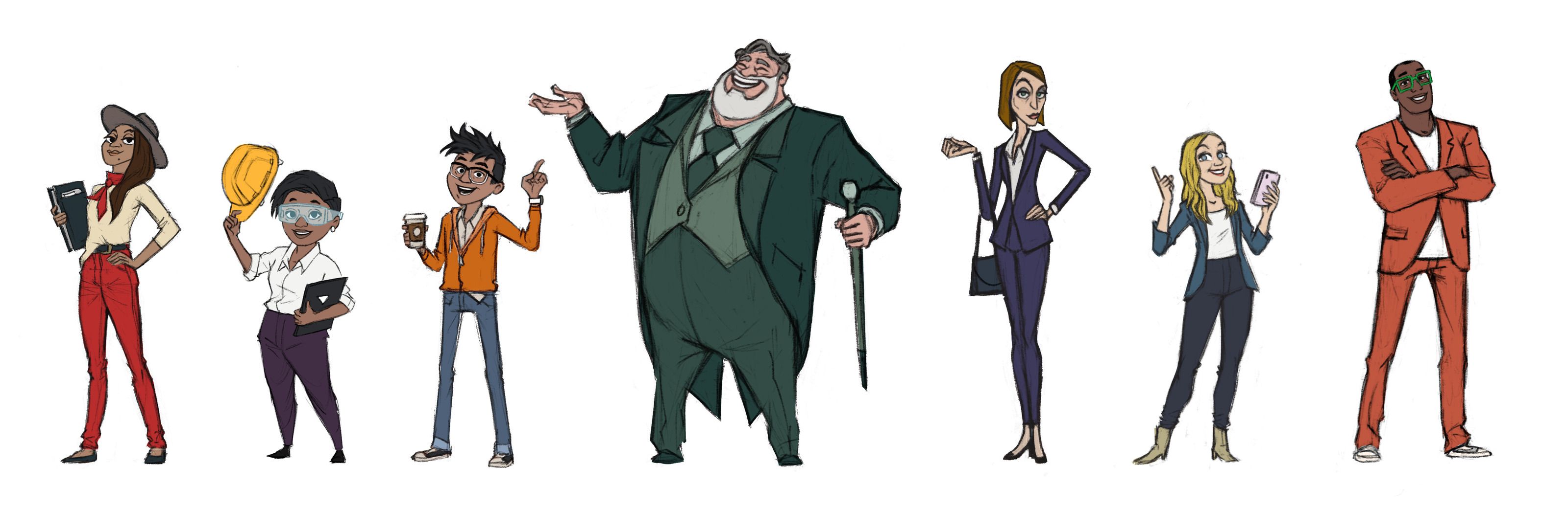 A lineup of eight stylised cartoon characters in business and casual outfits, including a large bearded man in a green suit with a cane.
