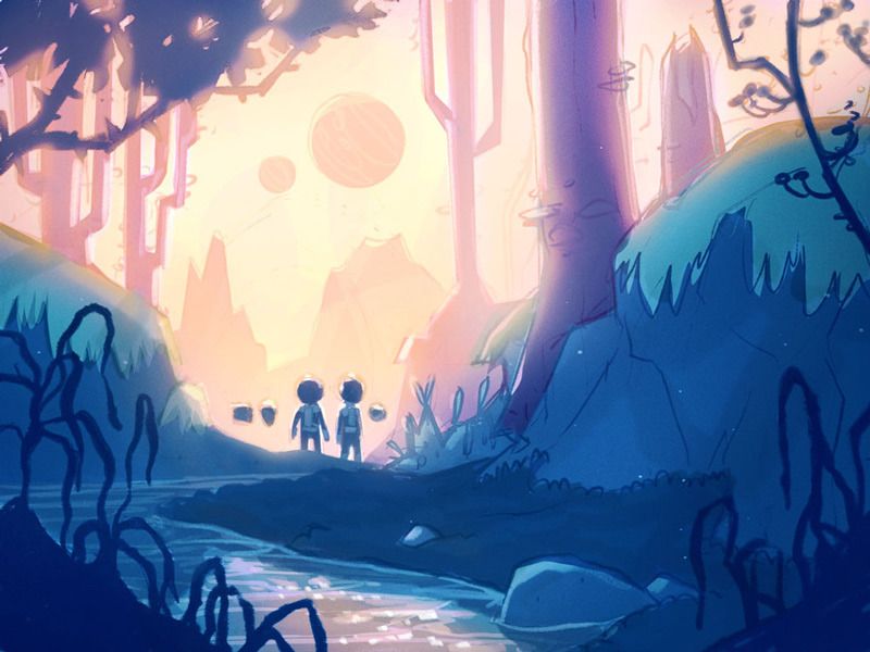 Two small silhouetted figures stand by a stream in a tall, misty pink and blue forest, with two pale moons in the sky.