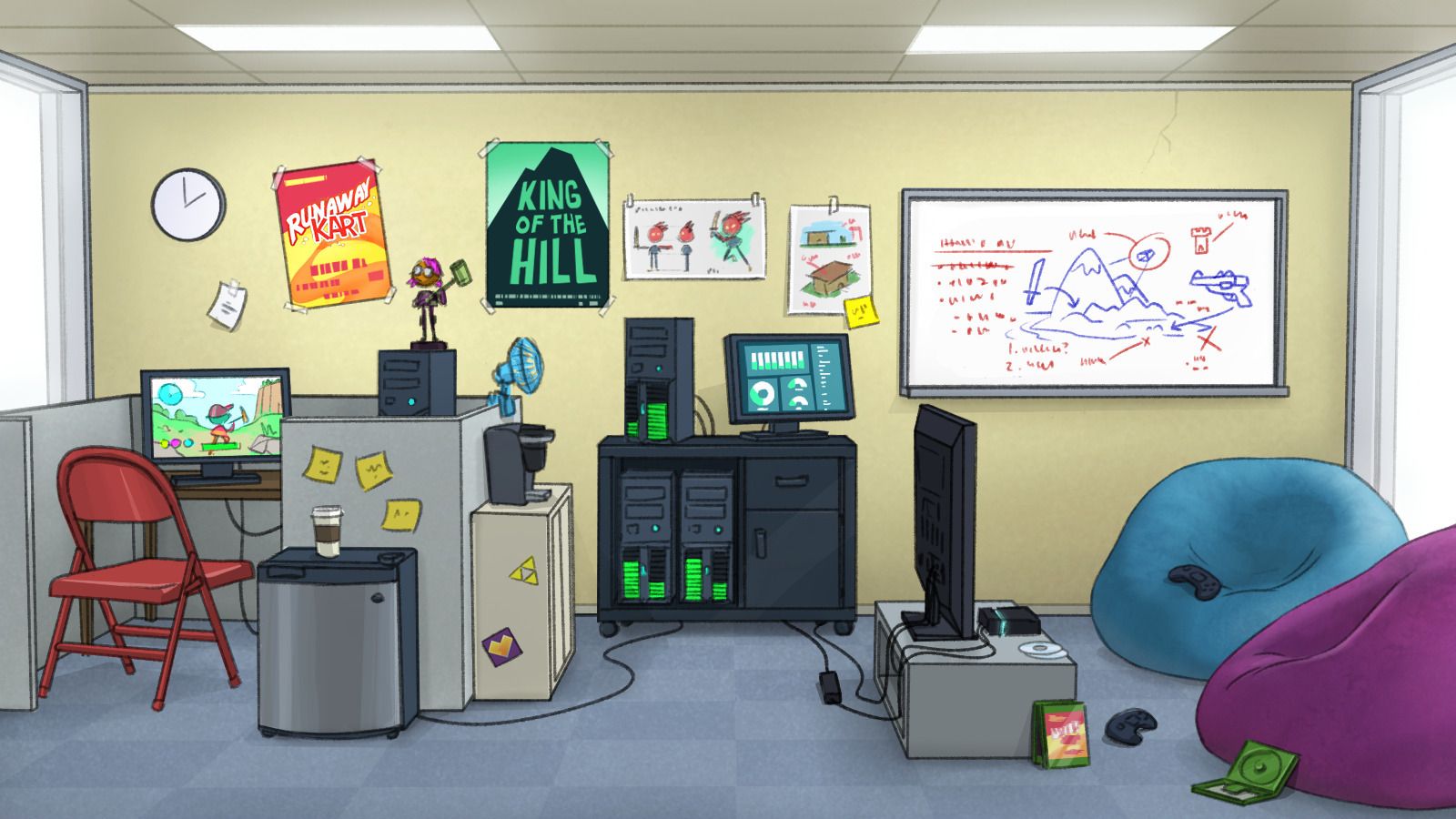 A cartoon office with a yellow wall, a “King of the Hill” poster, a whiteboard of sketches, cubicle desks with computers, and two bean bags.