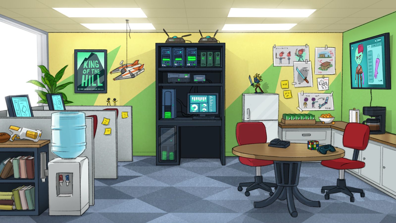 A cartoon office corner with a water cooler, a tall rack of computer equipment, a round table with red chairs, and a kitchenette.