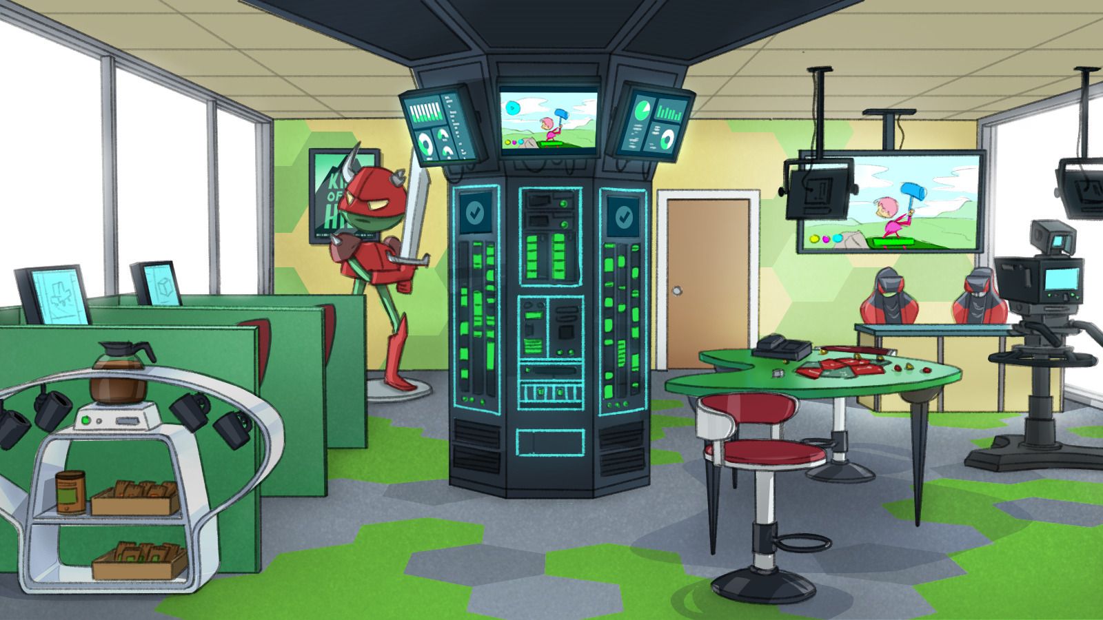 A green-accented cartoon office with a central tower of monitors, a red robot figure, a curved green desk, and a camera with studio lights.