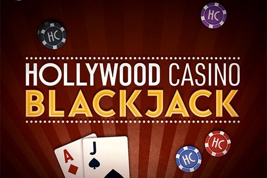 Hollywood Casino Blackjack: Blackjack tile with gold lettering, cards and casino chips on deep red.