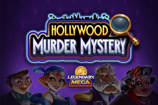 Hollywood Murder Mystery: Tile with a magnifying-glass logo and cartoon suspects on purple.