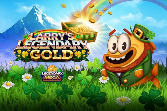 Larry's Legendary Gold: Slots tile of a cartoon leprechaun-style character, a pot of gold and green hills.