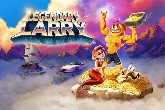 Legendary Larry: Illustrated tile of a muscular cartoon hero atop a pile of gold, with a mermaid.