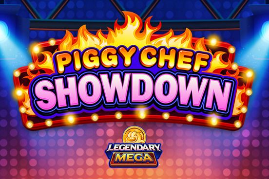 Piggy Chef Showdown: Slots tile with flaming marquee lettering on a purple stage.