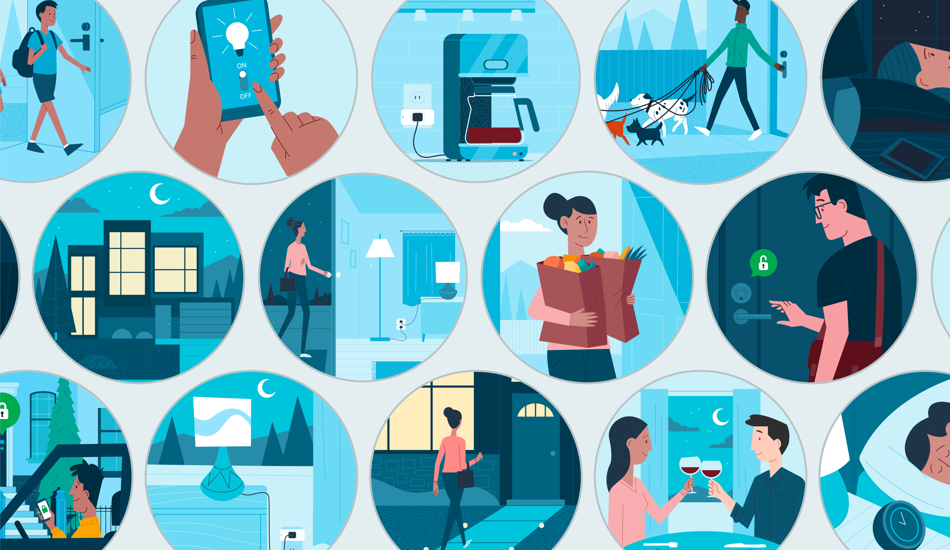 A honeycomb of circular vector illustrations in blues and teals: people arriving home, carrying groceries, unlocking a smart lock, walking dogs, using a phone to switch on a light, a coffee maker on a smart plug, a lamp at night, a couple toasting, and people sleeping.
