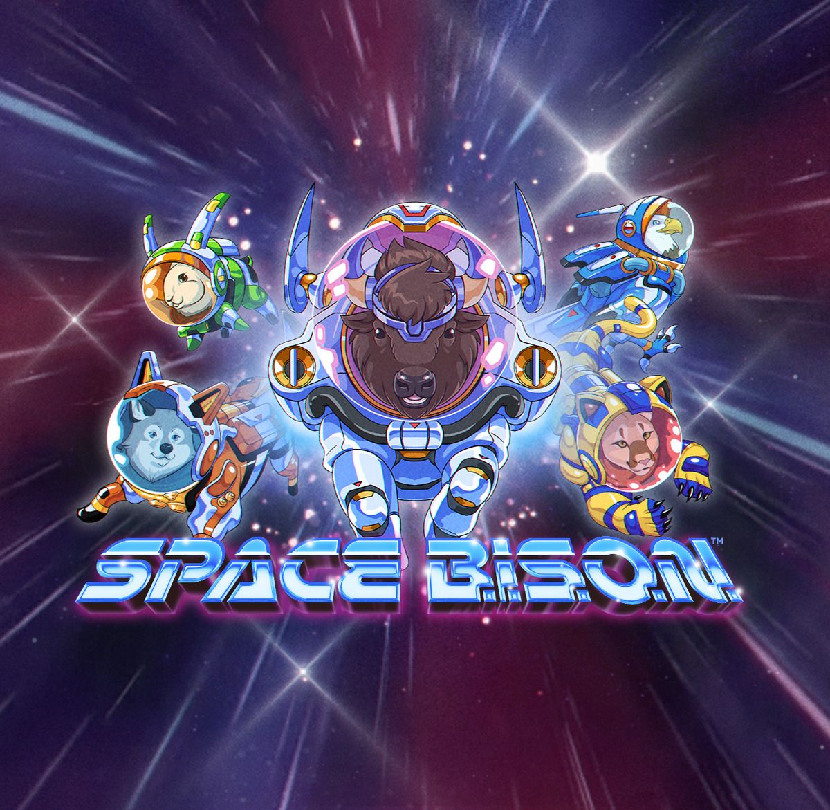 Space Bison: Tile of an armoured bison astronaut surrounded by glowing symbols in space.