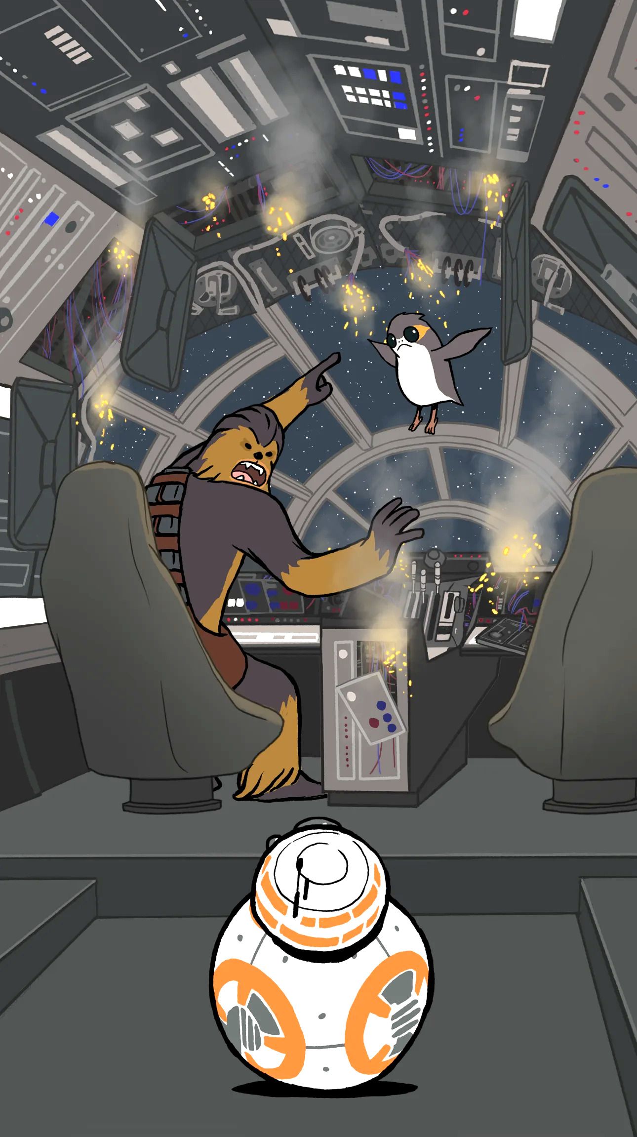 A colour illustration of a Wookiee pointing out of a starship cockpit window as small birdlike creatures cause chaos, with an orange and white spherical droid in the foreground.
