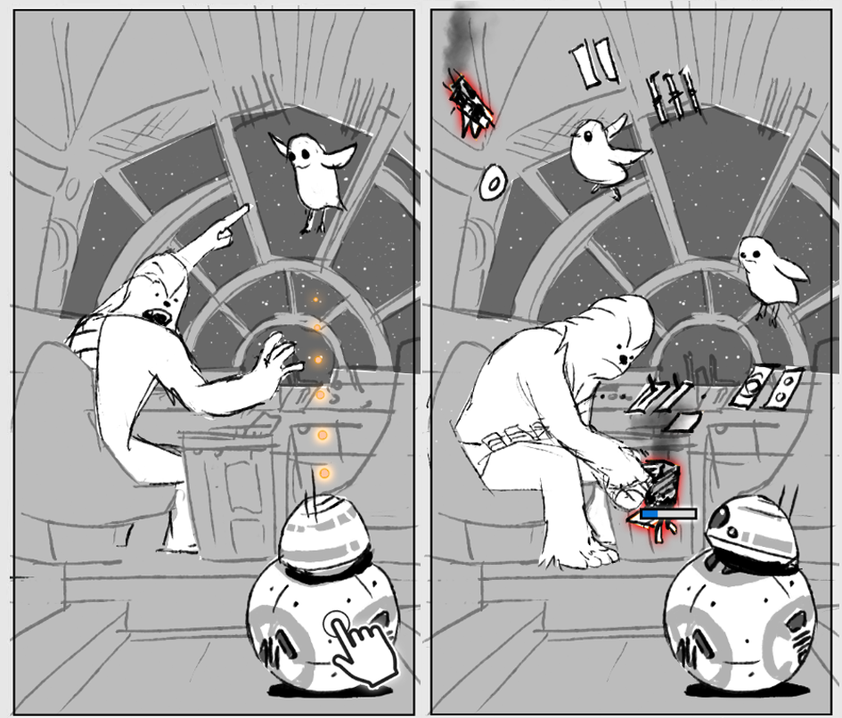 Greyscale concept sketches of a Wookiee and a spherical droid in a starship cockpit, with small birdlike creatures flying around.