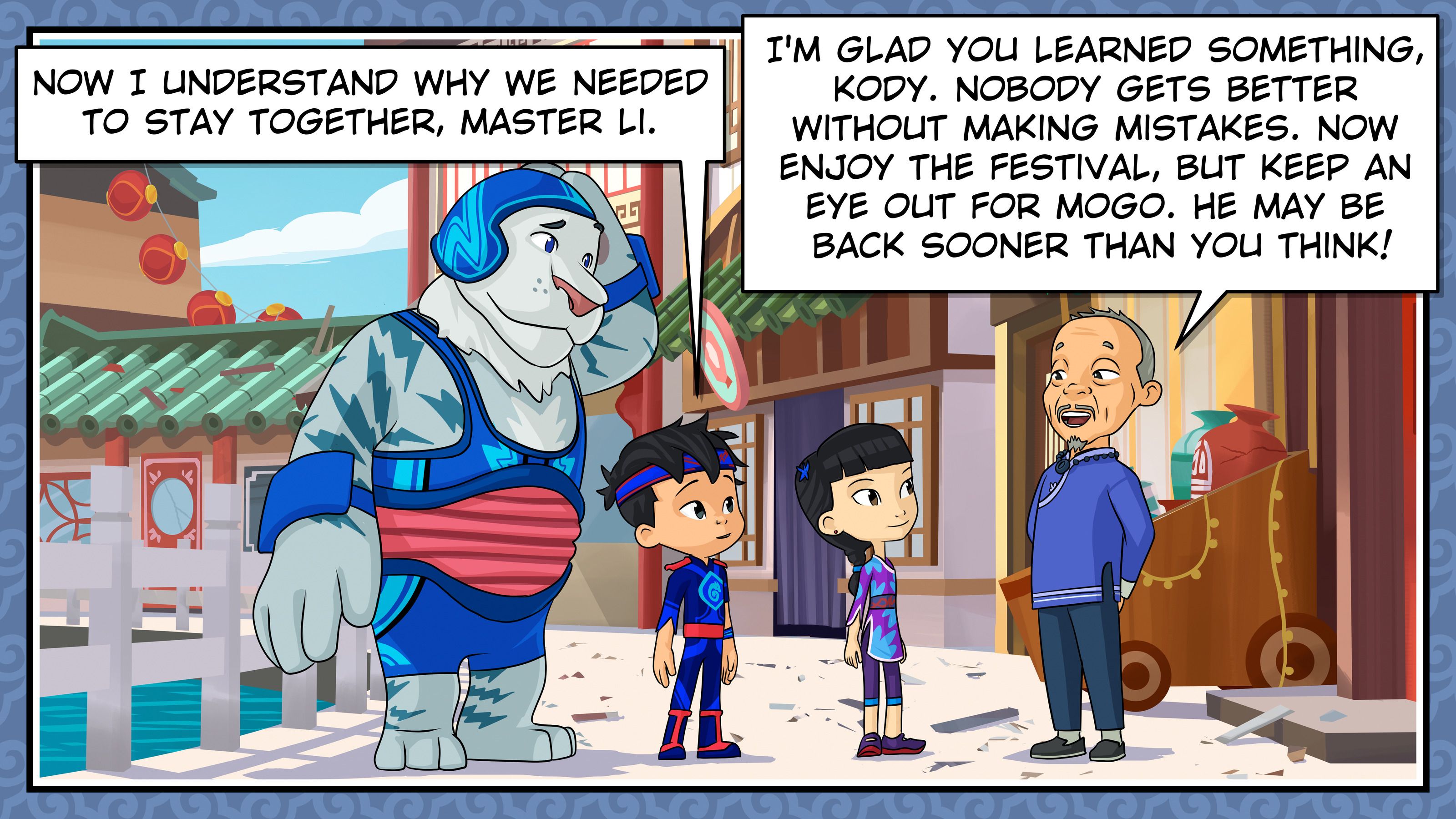 A comic panel of a large armoured creature, two children and an elderly man in a festival street, with speech bubbles.