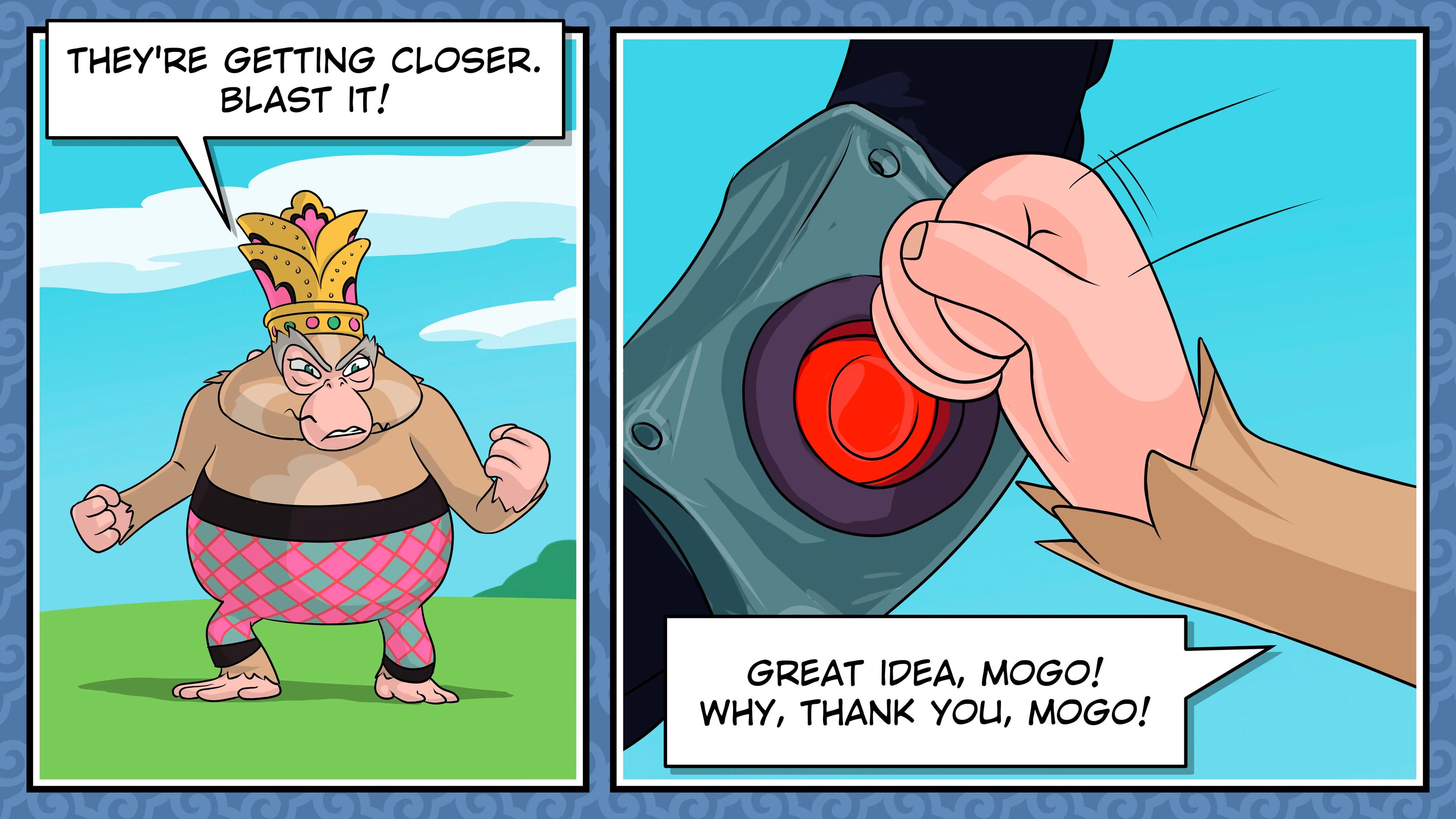 Two comic panels: a crowned pig-like villain shouting “Blast it!”, and a fist pressing a big red button.