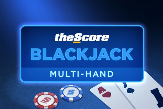 theScore Blackjack Multi-Hand: Blackjack tile with a glowing blue panel, chips and cards.
