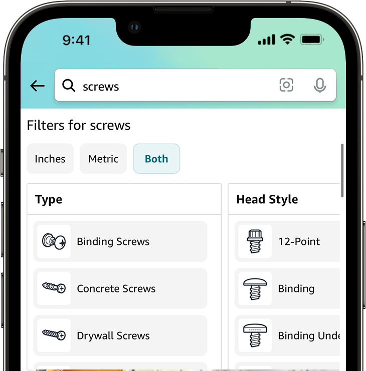 A phone showing Amazon search results for “screws”, with filter buttons for screw type and head style, each with a small line icon of the fastener.