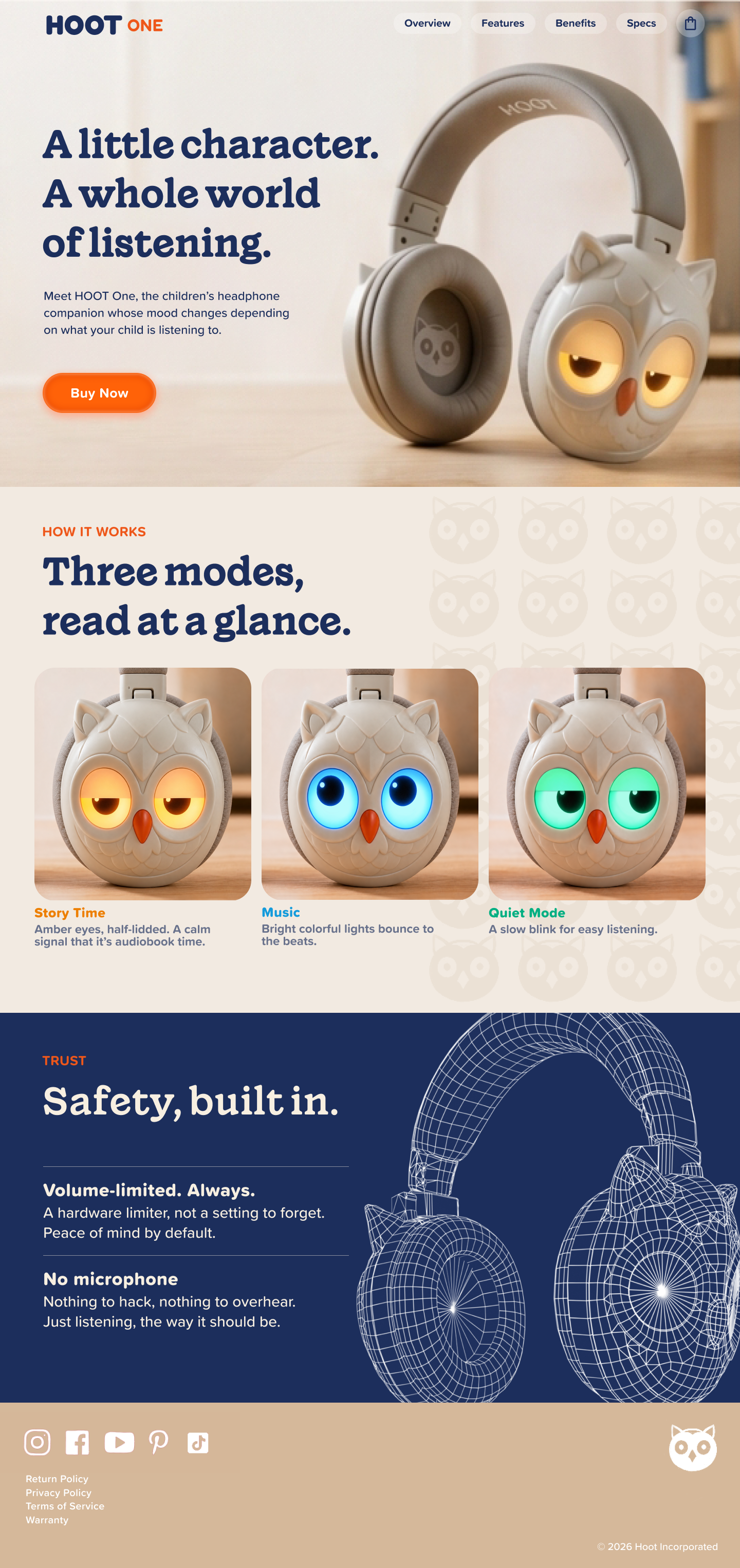 The HOOT One headphone concept website on desktop, with owl-inspired headphones, warm rust and cream branding, product details and expressive listening-mode storytelling.