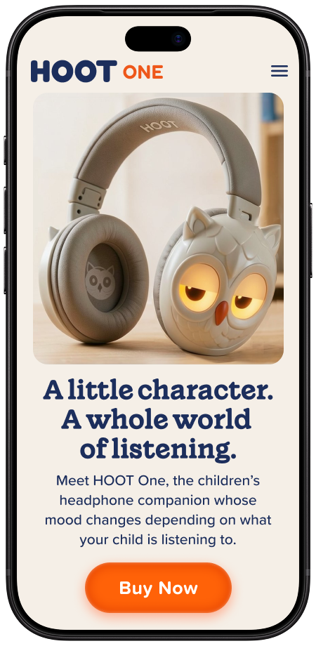 A mobile rendition of the HOOT One headphone concept website in its original device frame.