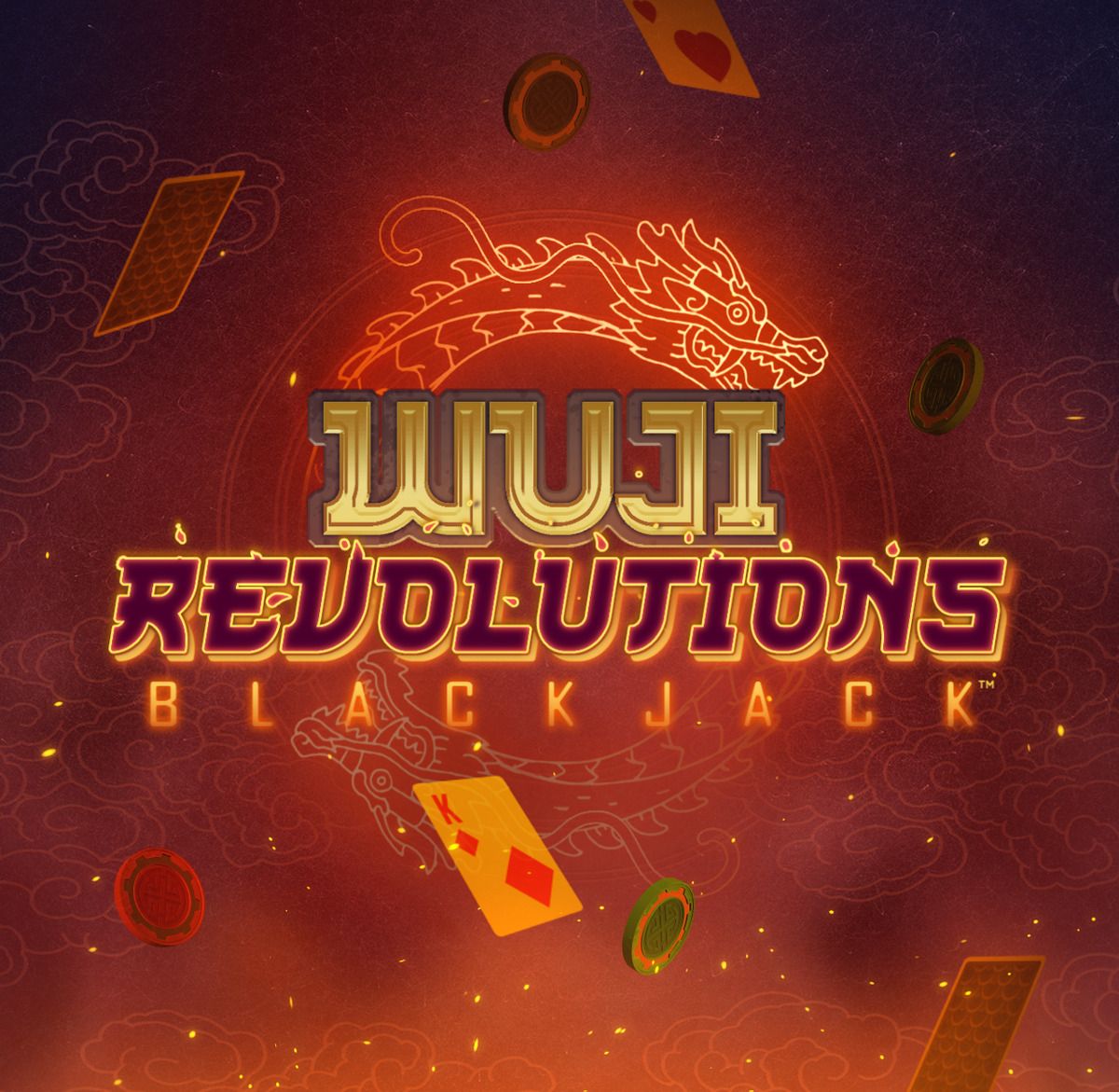 Wuji Revolutions Blackjack: Blackjack tile with a red dragon and orange lettering on a dark red background.